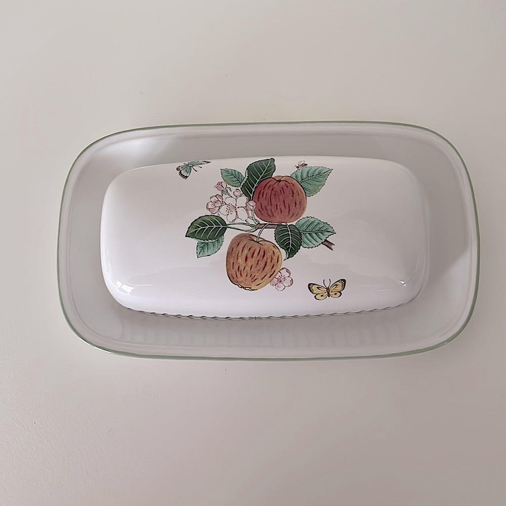 Studio Nova, ceramic, covered butter dish, apples, blossoms, butterflies, bee